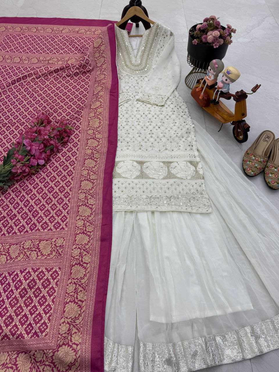 Faux Georgette Embroidered Kurti With Palazzo